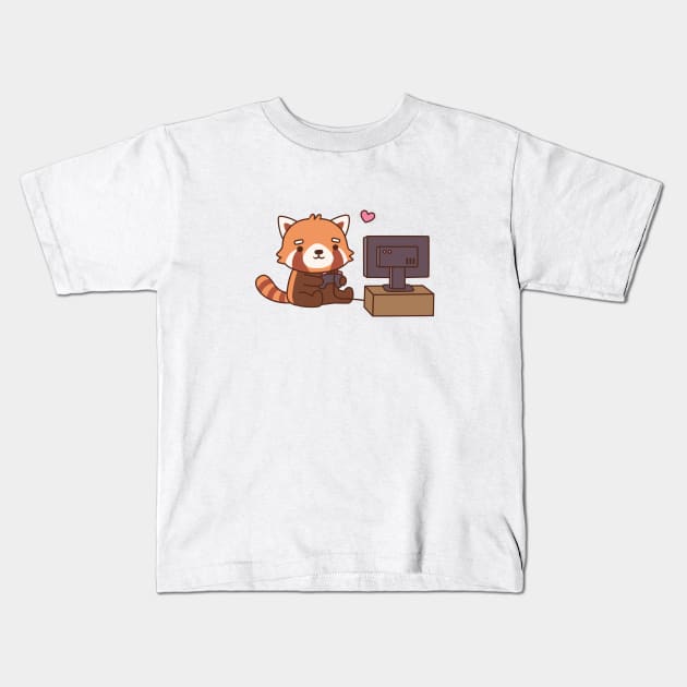 Cute Red Panda Loves Video Games Kids T-Shirt by rustydoodle